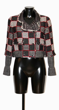 Chanel Black, White & Red Fantasy Tweed Cropped Jacket