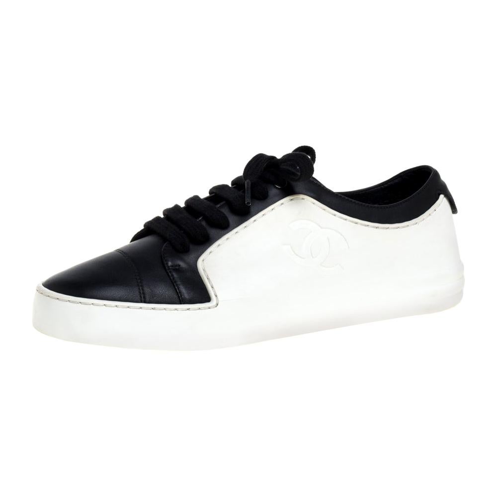 Chanel Black/White Rubber and Leather CC Low Top Sneakers Size 40