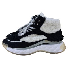 Chanel Black White Shearling Suede CC High Top Sneakers