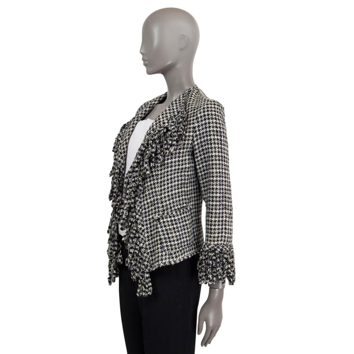 Black CHANEL black & white silk 2007 07P HOUNDSTOOTH TWEED OPEN Jacket S For Sale
