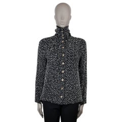 CHANEL black 
white silk blend 20K HIGH NECK TWEED Jacket 40 M