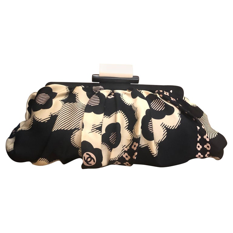 Chanel Black White Silk Camillia Clutch Bag at 1stDibs