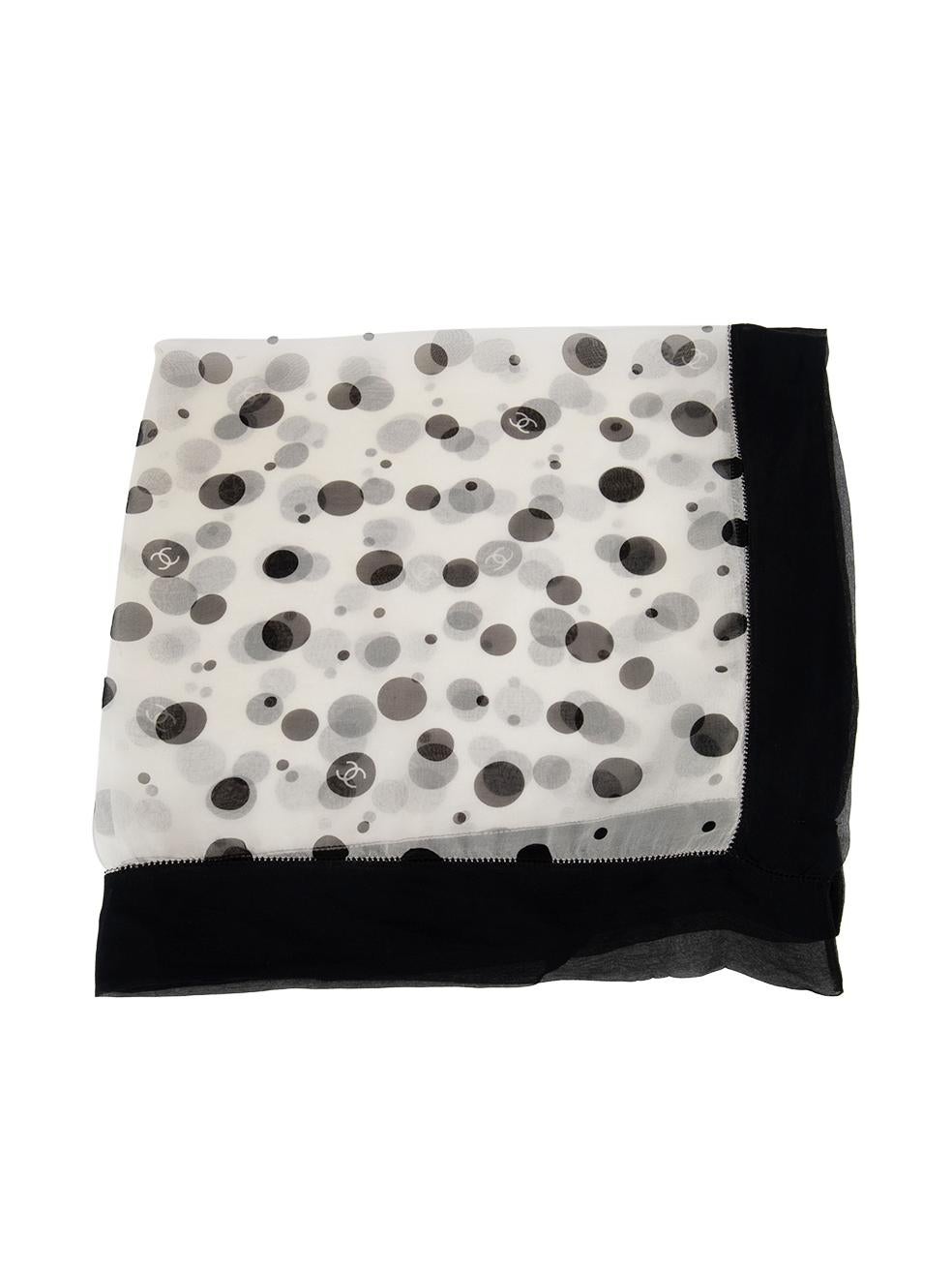 CONDITION is Very good. Minimal wear of the scarf is evident. Small hole in the corner on this used Chanel designer resale item.
 
 
 
 Details
 
 
 Black and white
 
 Silk
 
 Square scarf
 
 Polkadot pattern
 
 Interlocking CC logo detail
 
 
 

 

