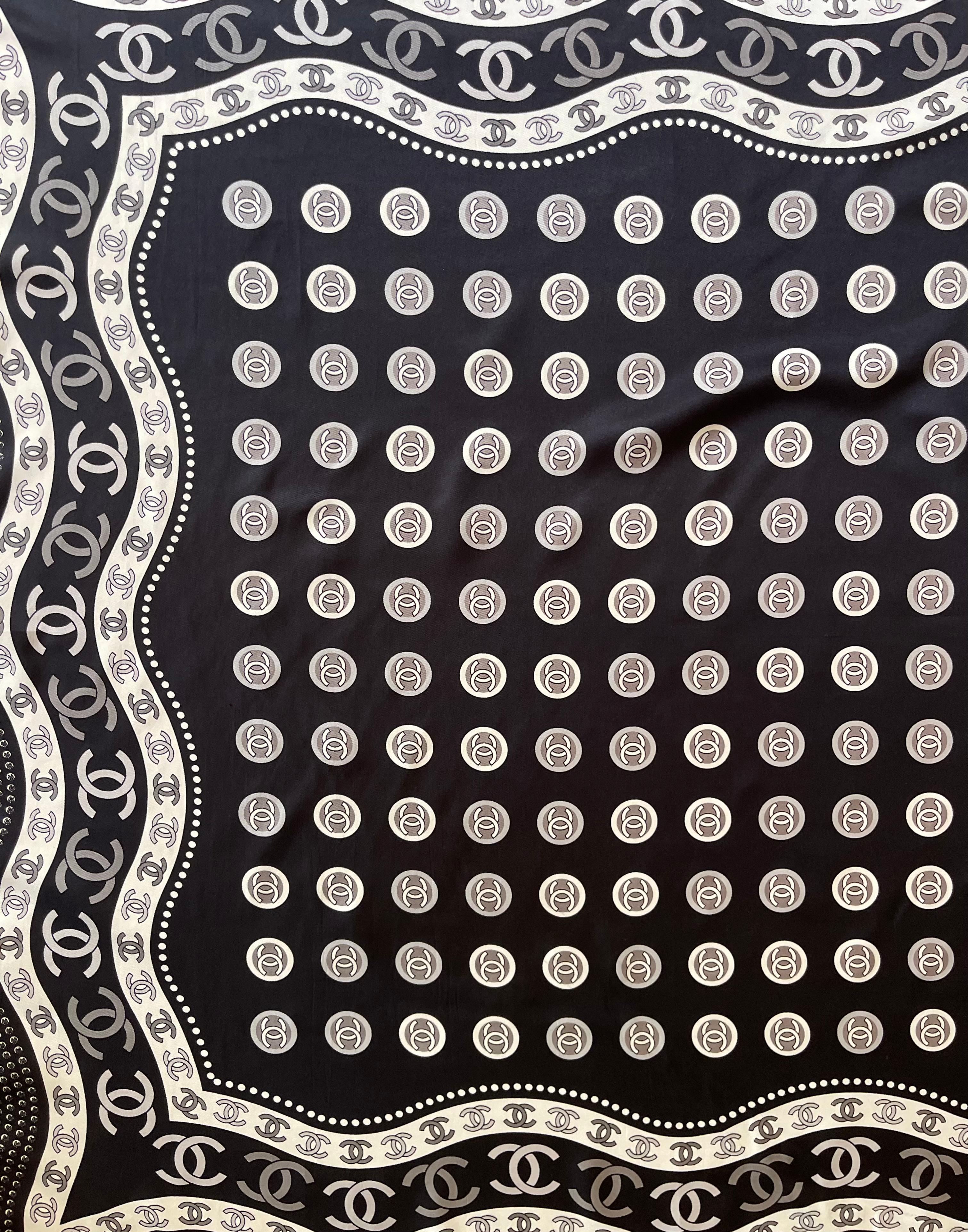 Chanel Black & White Silk Scarf CC Logo For Sale 1
