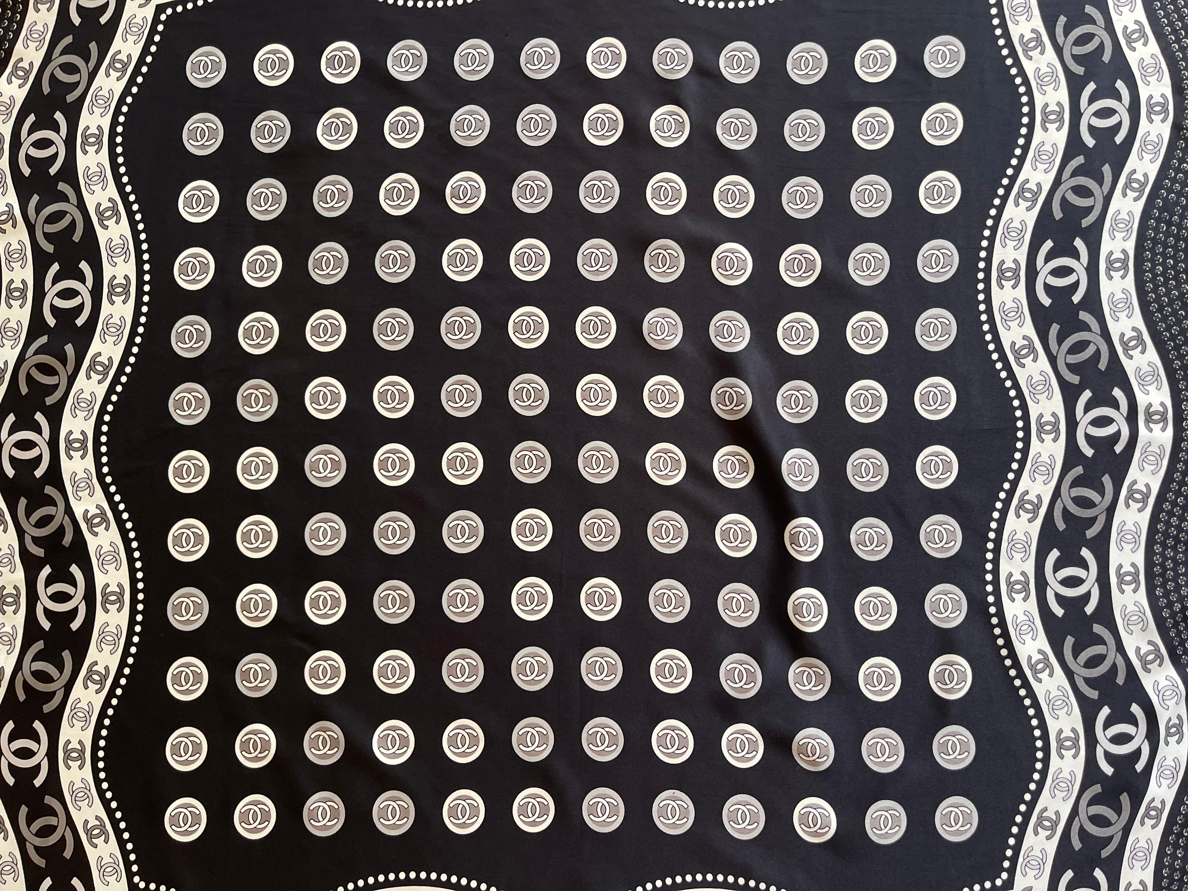 Chanel Black & White Silk Scarf CC Logo For Sale 3