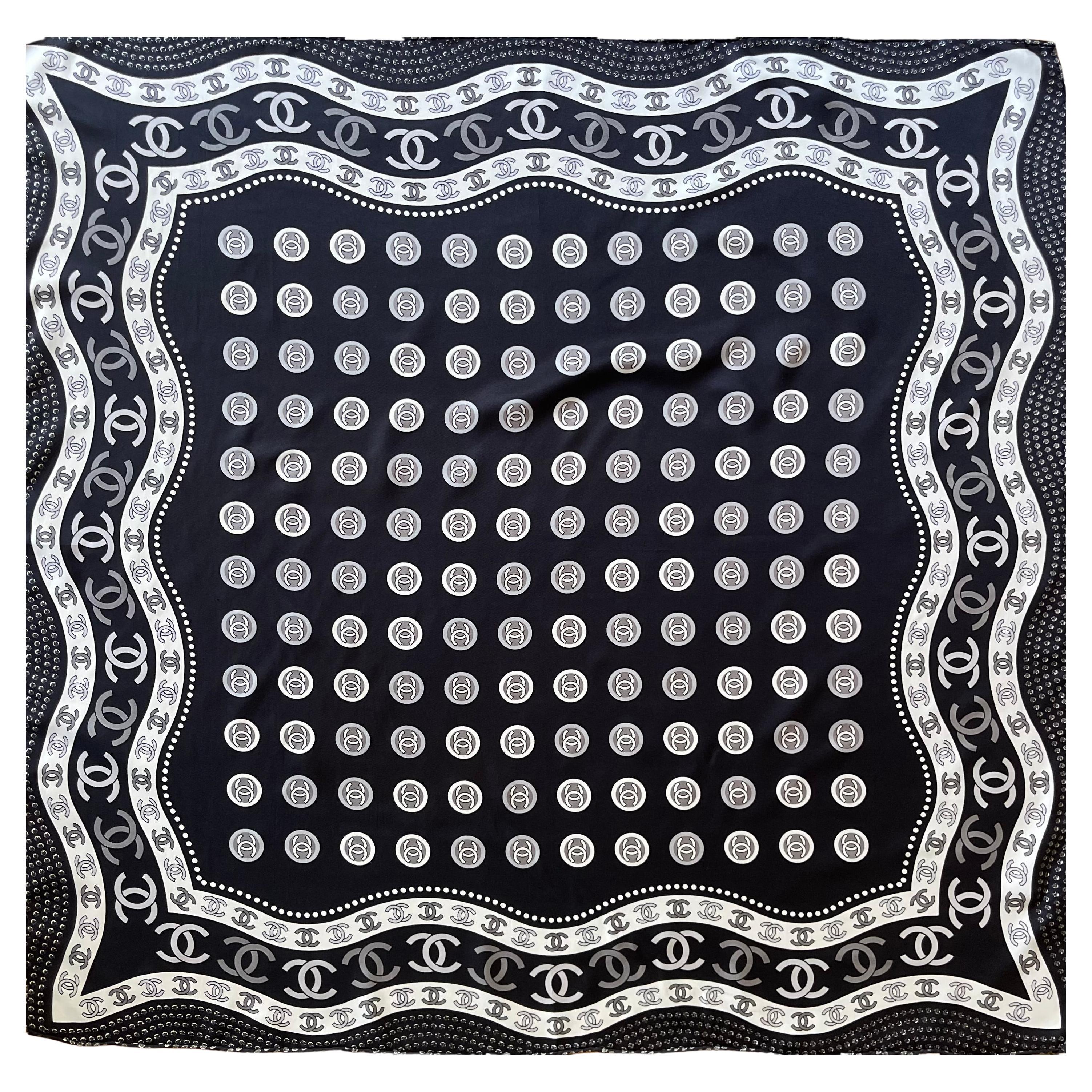 Chanel Black & White Silk Scarf CC Logo For Sale