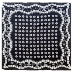 Chanel Black & White Silk Scarf CC Logo