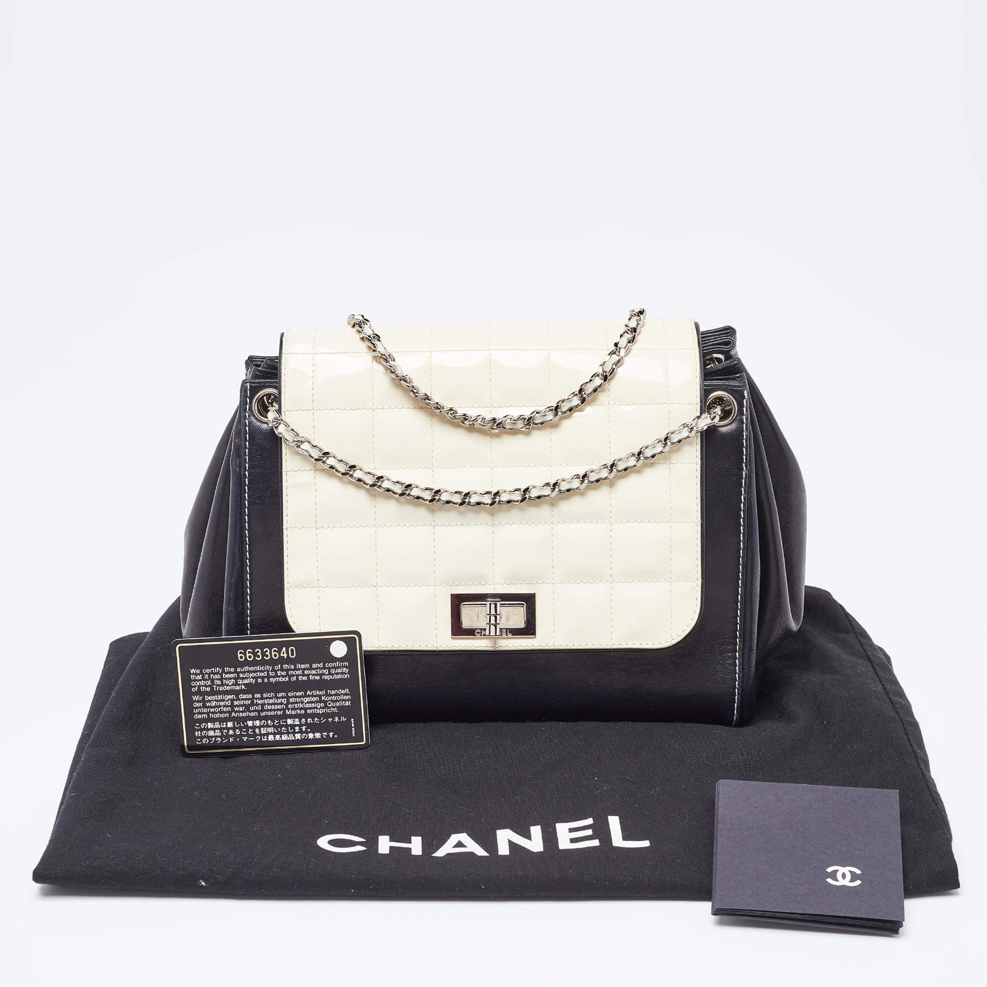 Chanel Black/White Square Quilted Patent Leather Accordion Flap Bag 10