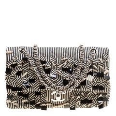 Chanel Black/White Stripe Fabric and Sequin Medium Classic Double Flap Bag