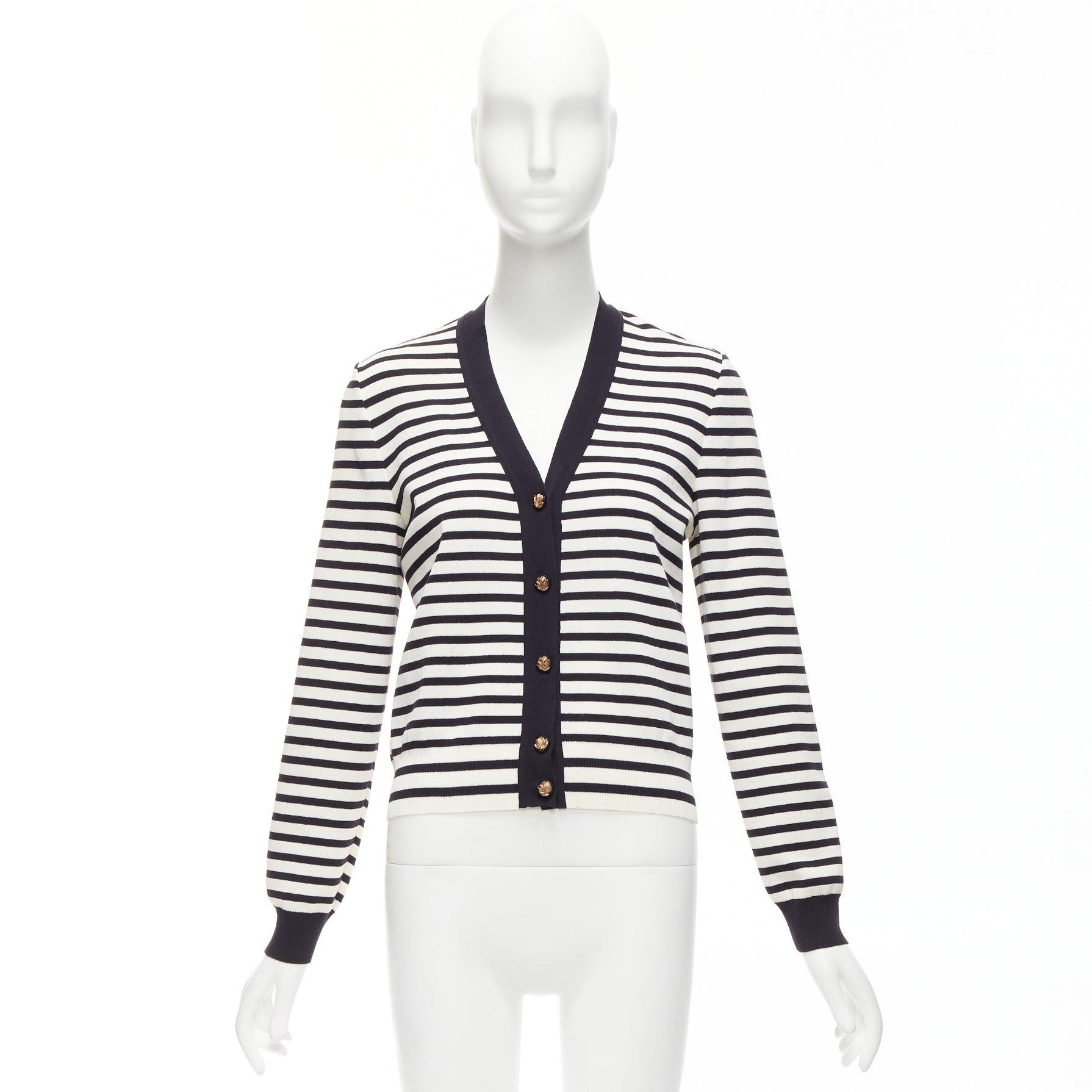 CHANEL black white striped cotton blend gold CC buttons cardigan FR38 M For Sale 6