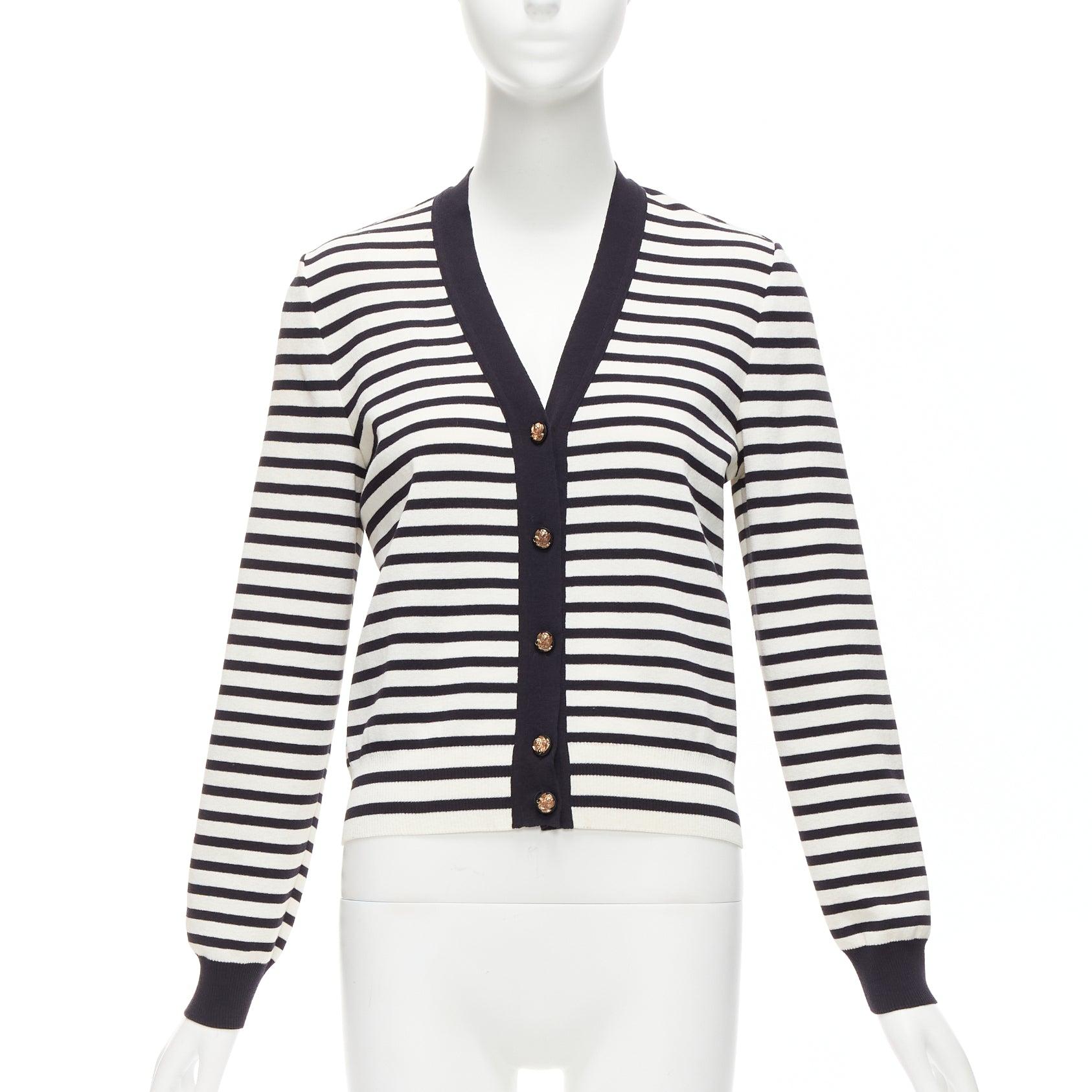 CHANEL black white striped cotton blend gold CC buttons cardigan FR38 M In Good Condition For Sale In Hong Kong, NT