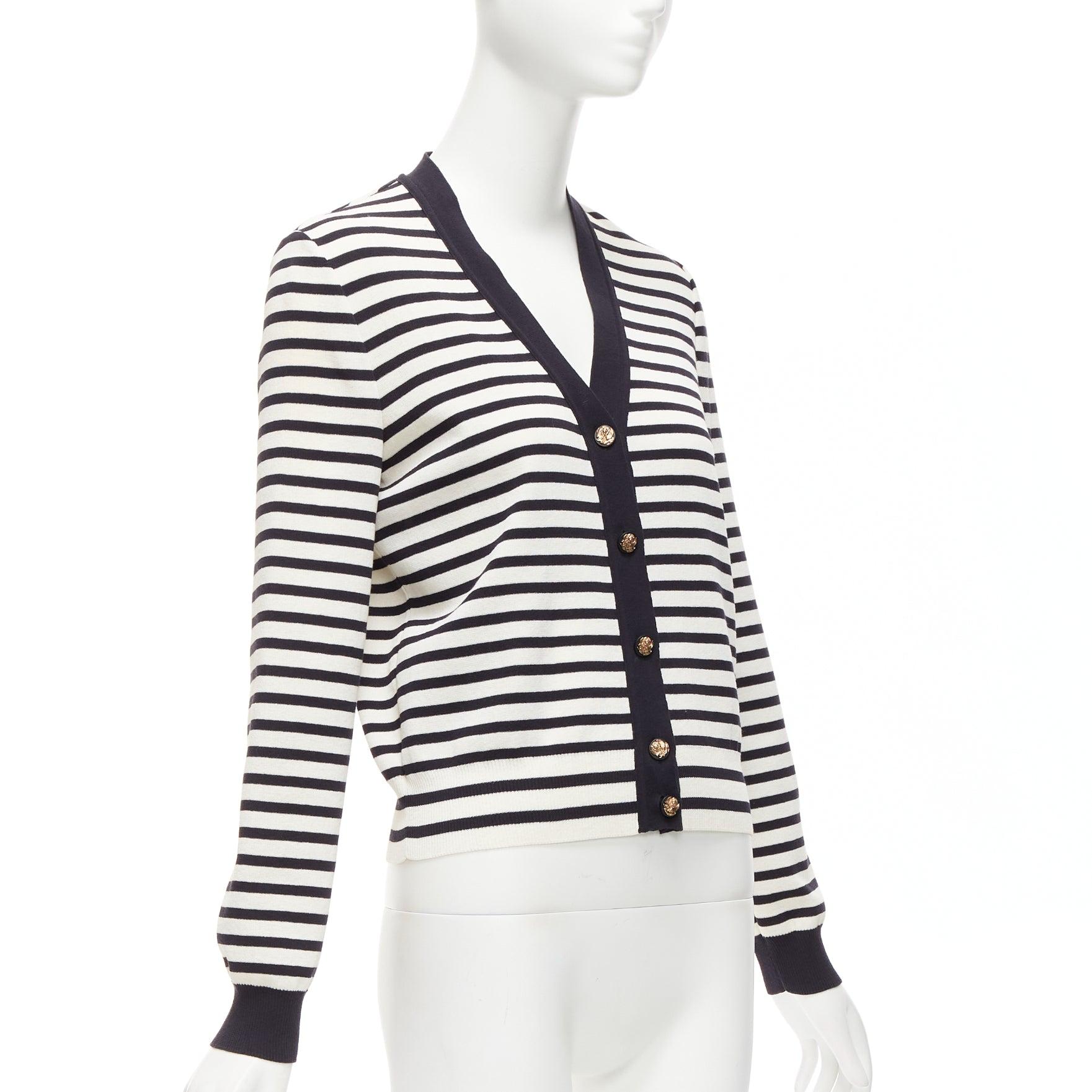Women's CHANEL black white striped cotton blend gold CC buttons cardigan FR38 M For Sale