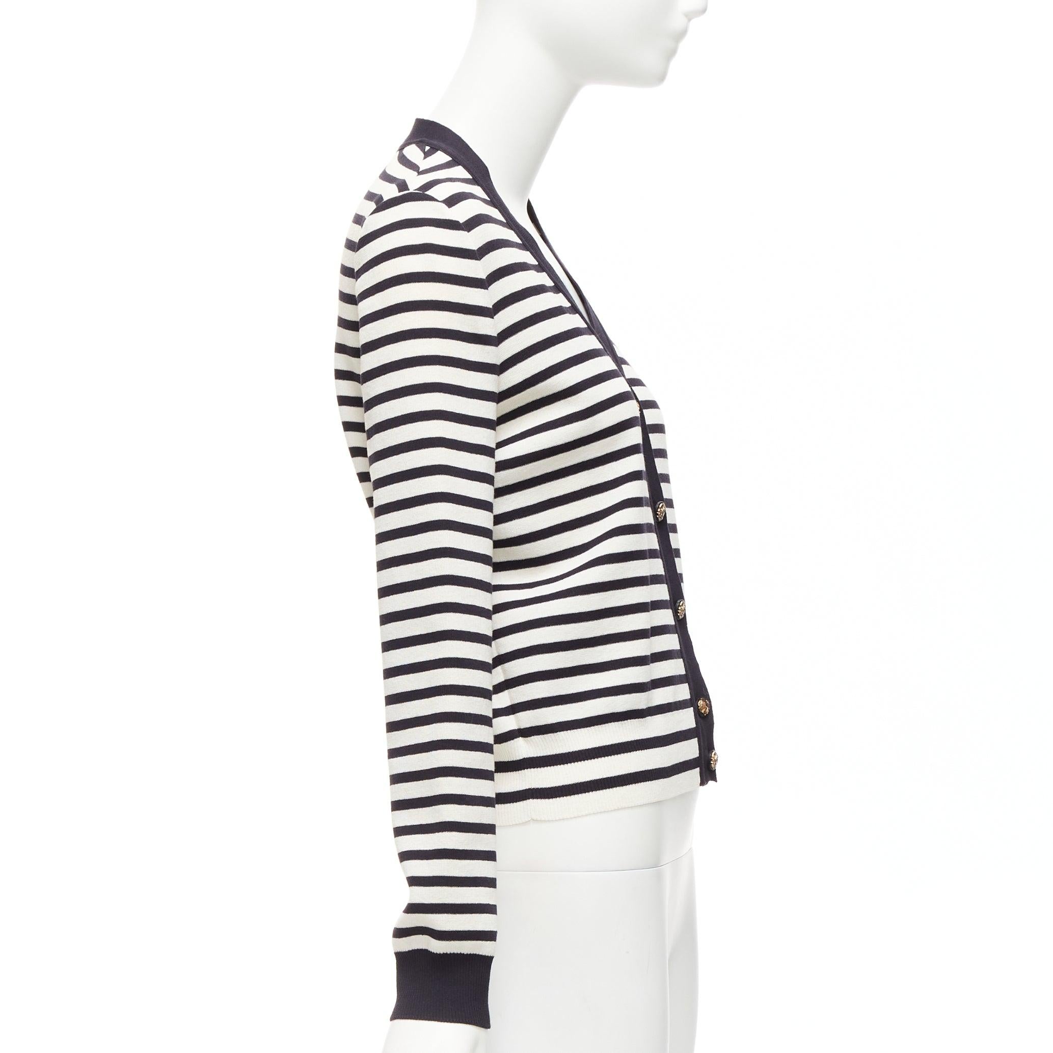 CHANEL black white striped cotton blend gold CC buttons cardigan FR38 M For Sale 1