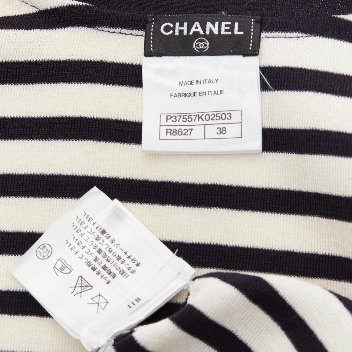 CHANEL black white striped cotton blend gold CC buttons cardigan FR38 M For Sale 5
