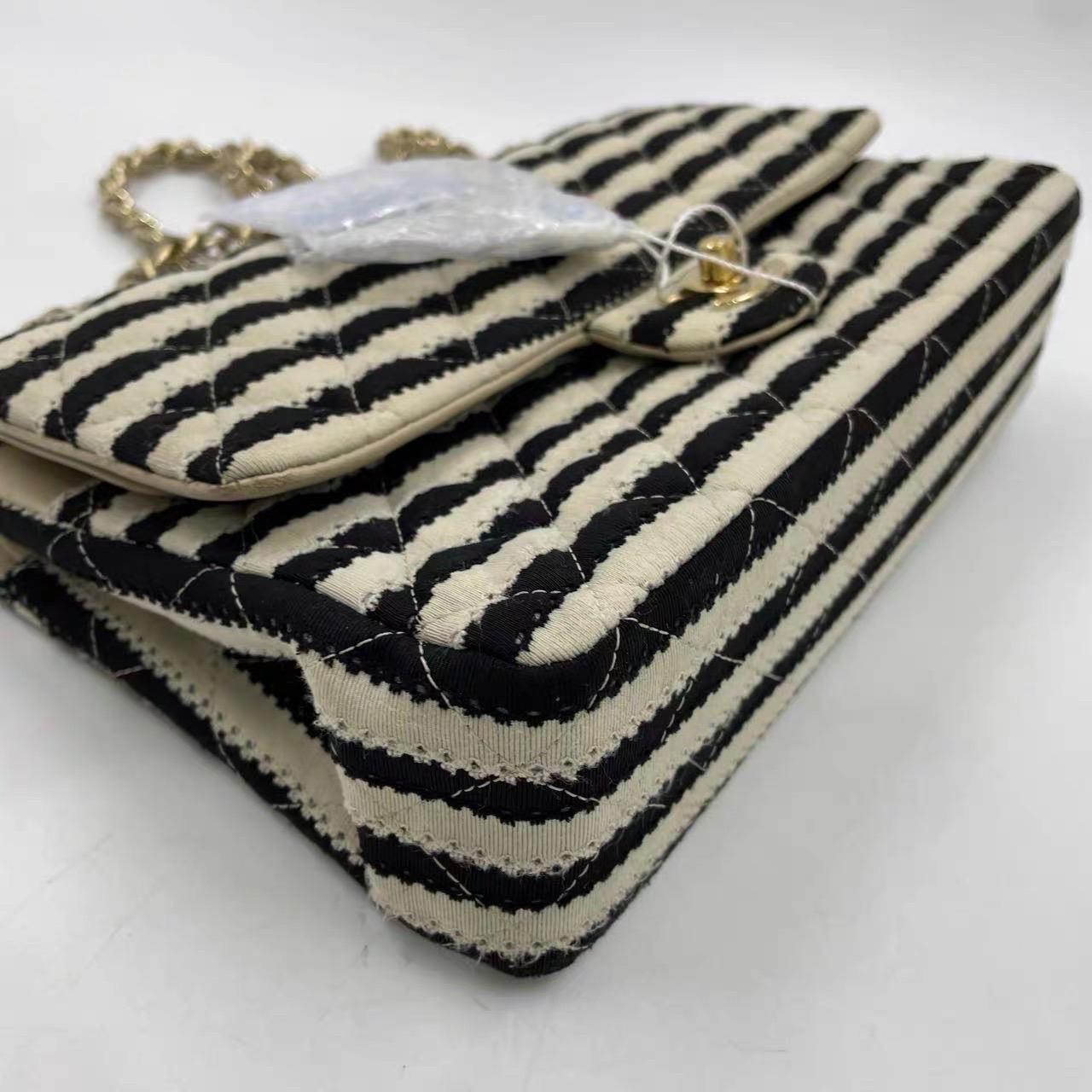 Chanel Black/White Striped Medium Jersey Coco Sailor Pearl Classic Flap Bag For Sale 11
