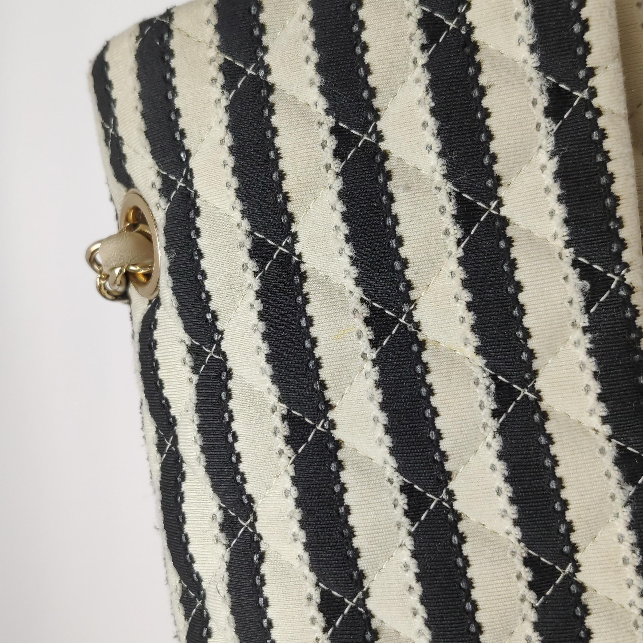 Chanel Black/White Striped Medium Jersey Coco Sailor Pearl Classic Flap Bag For Sale 12