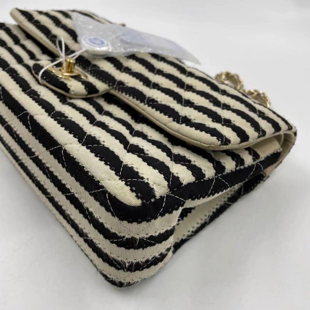 Chanel Black/White Striped Medium Jersey Coco Sailor Pearl Classic Flap Bag For Sale 15