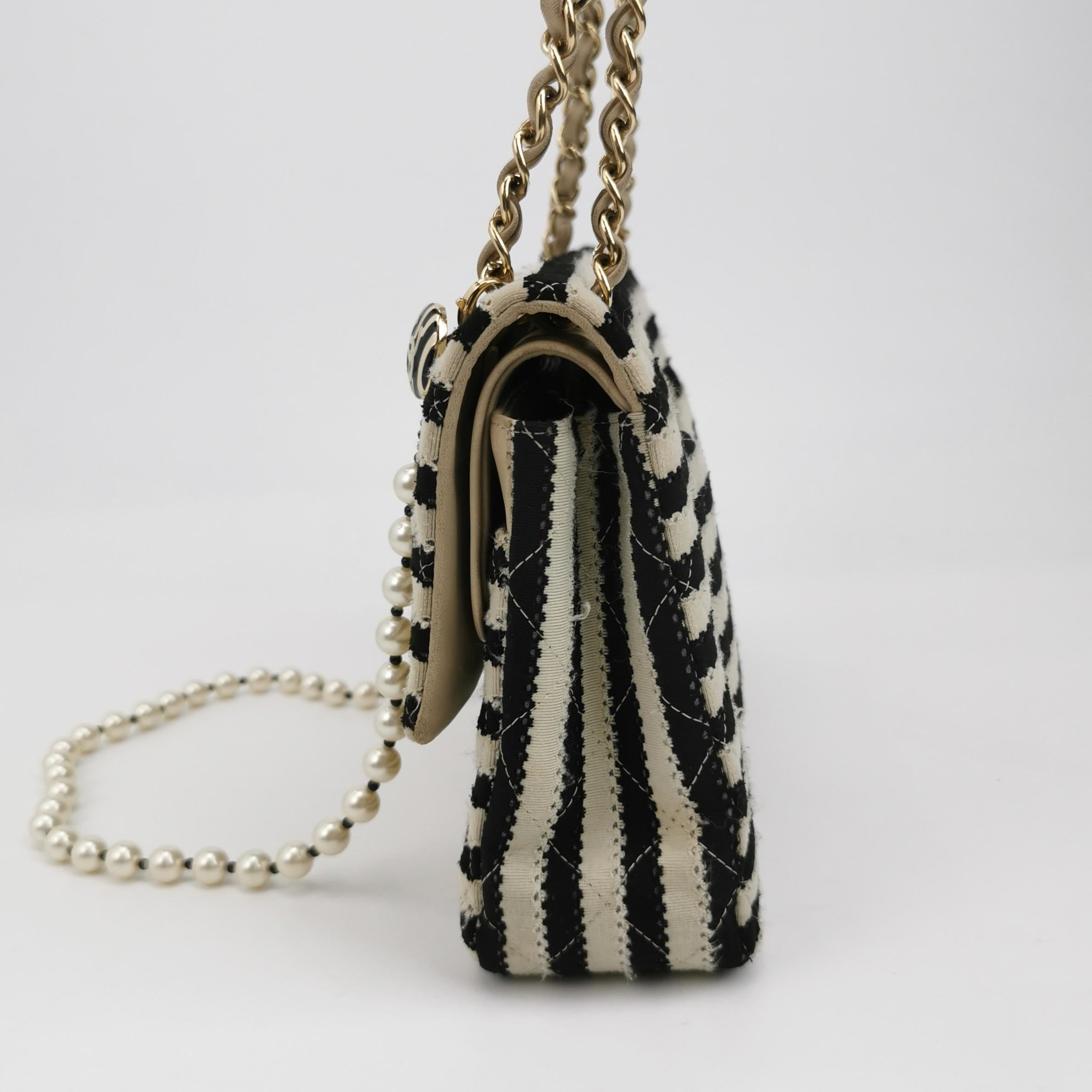 Brown Chanel Black/White Striped Medium Jersey Coco Sailor Pearl Classic Flap Bag For Sale