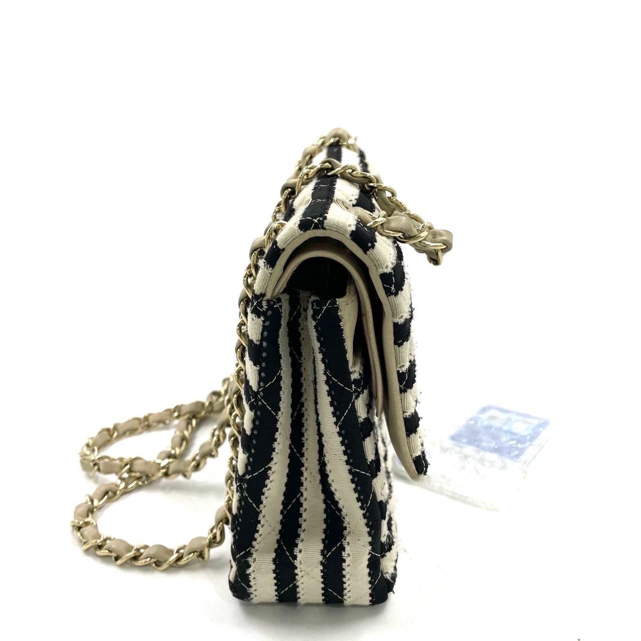 Chanel Black/White Striped Medium Jersey Coco Sailor Pearl Classic Flap Bag In Good Condition For Sale In AUBERVILLIERS, FR