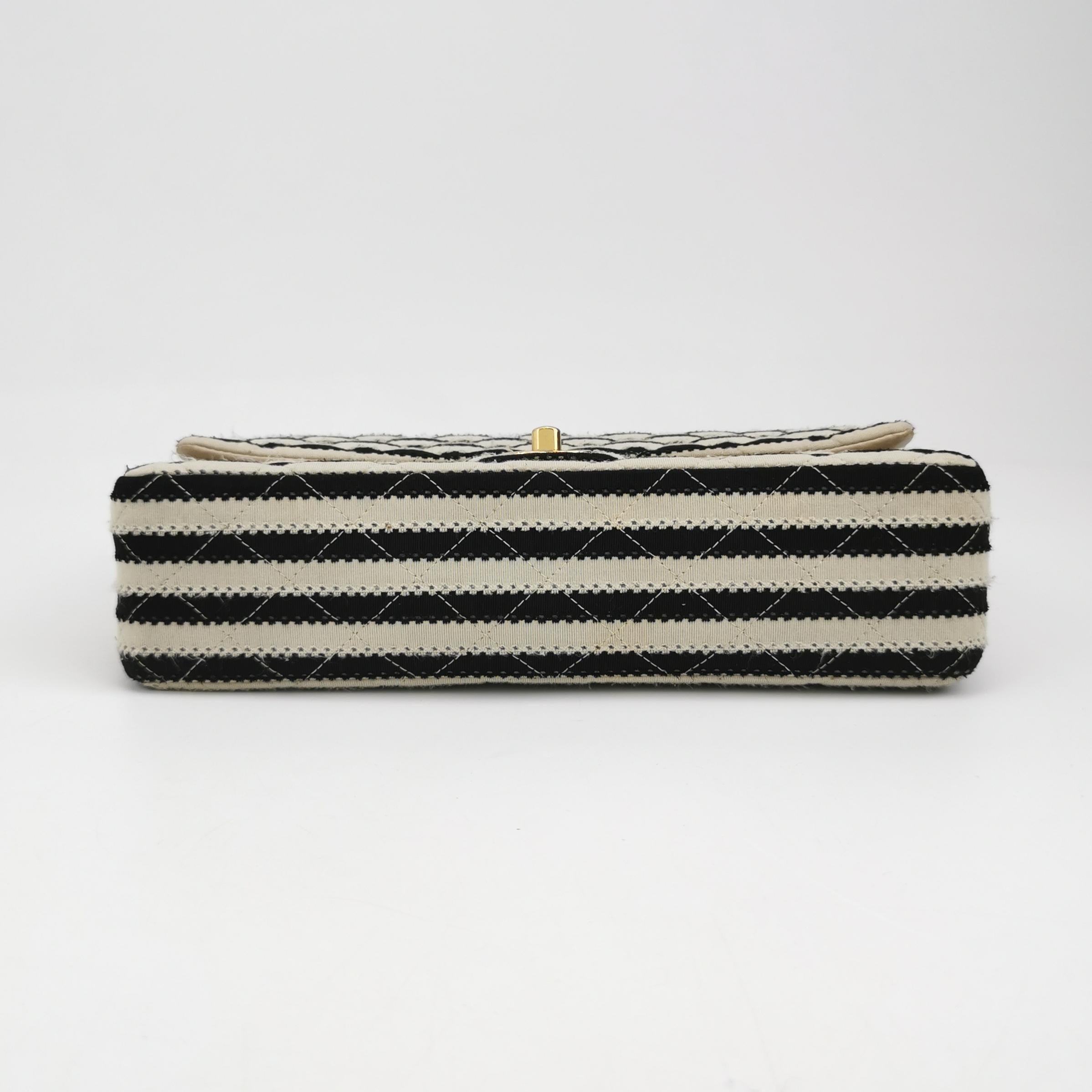 Chanel Black/White Striped Medium Jersey Coco Sailor Pearl Classic Flap Bag For Sale 1