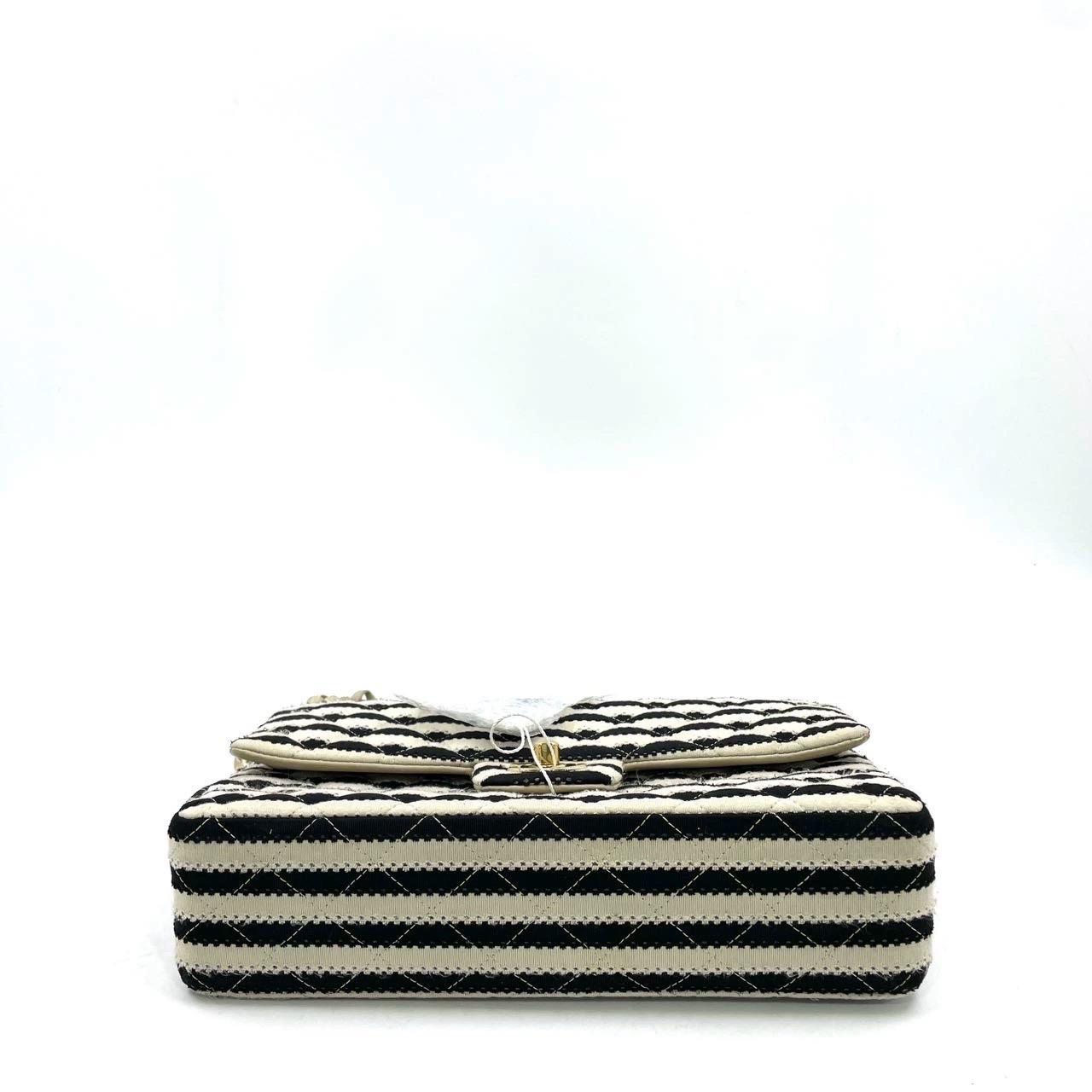 Chanel Black/White Striped Medium Jersey Coco Sailor Pearl Classic Flap Bag For Sale 2
