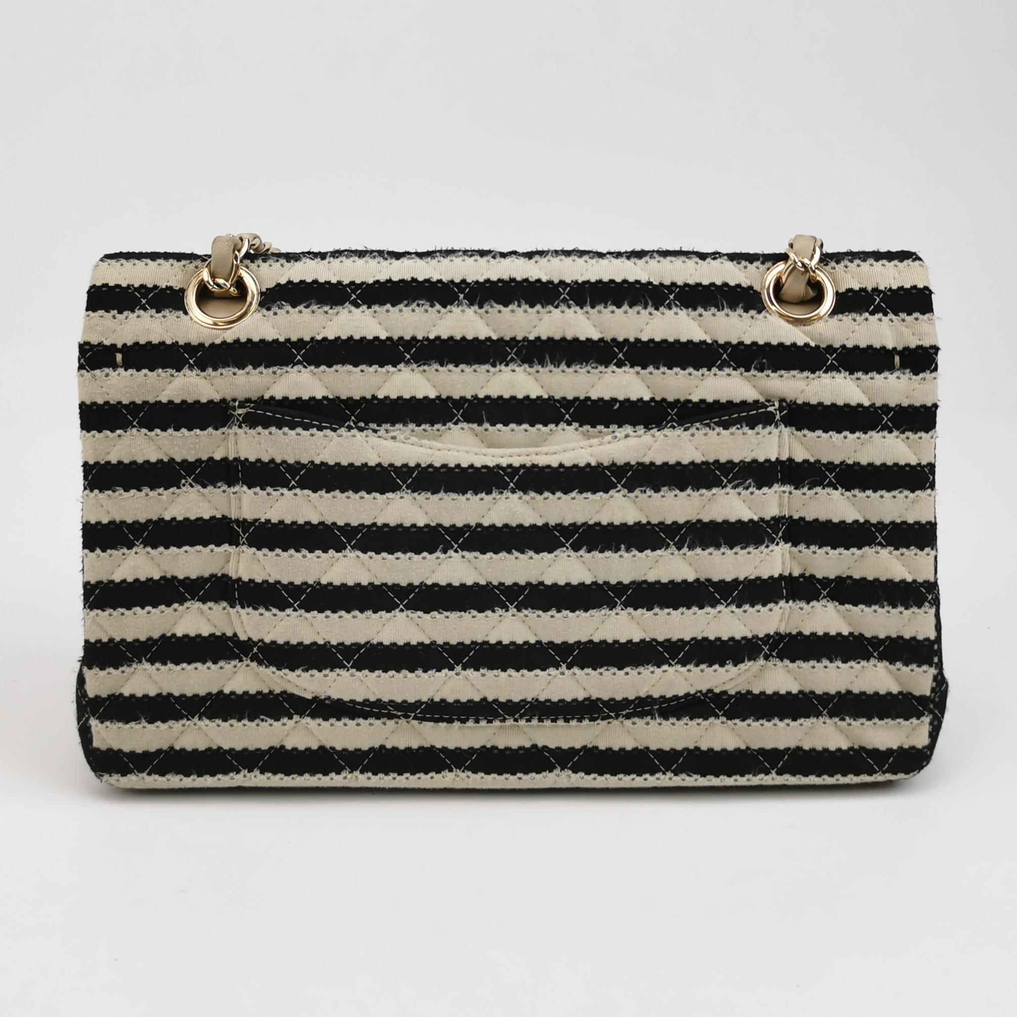 Chanel Black/White Striped Medium Jersey Coco Sailor Pearl Classic Flap Bag For Sale 2