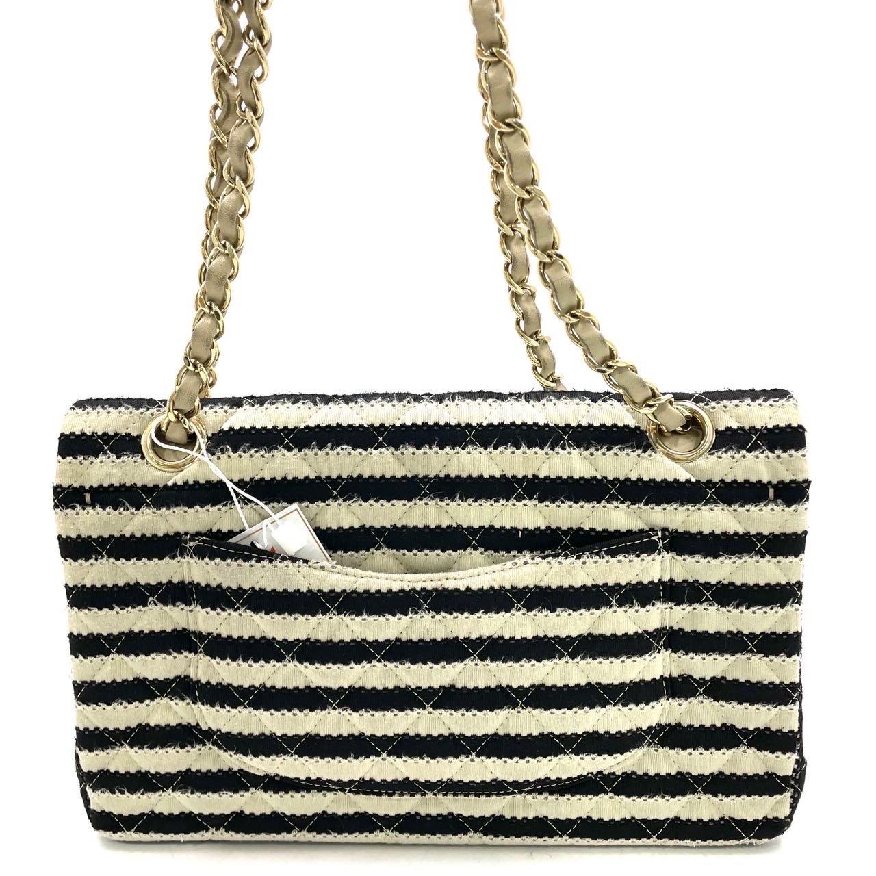 Chanel Black/White Striped Medium Jersey Coco Sailor Pearl Classic Flap Bag For Sale 3