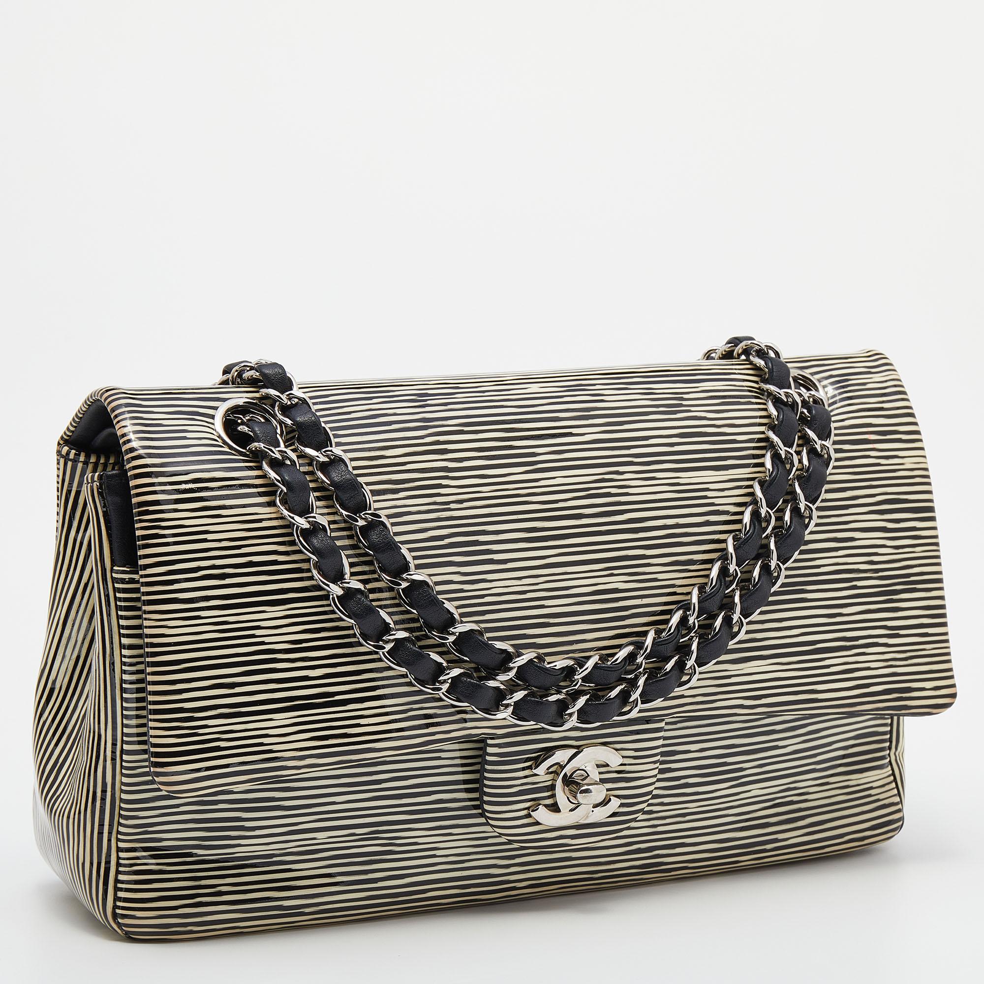 Women's Chanel Black/White Striped Patent Leather Medium Classic Double Flap Bag