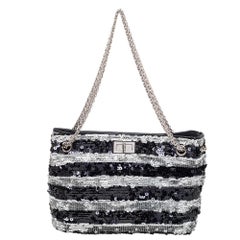 Chanel Black/White Striped Sequins and Patent Leather Small Reissue Tote