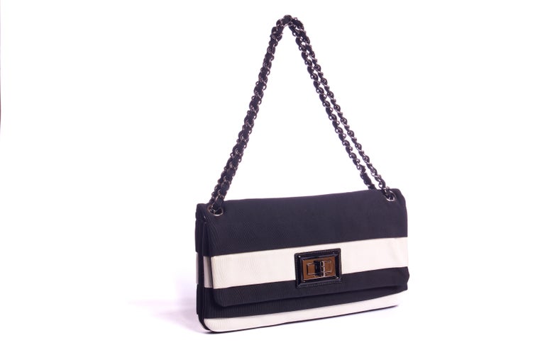 Chanel classic black and white striped single flap with ruthenium hardware. Handle drop 8.75