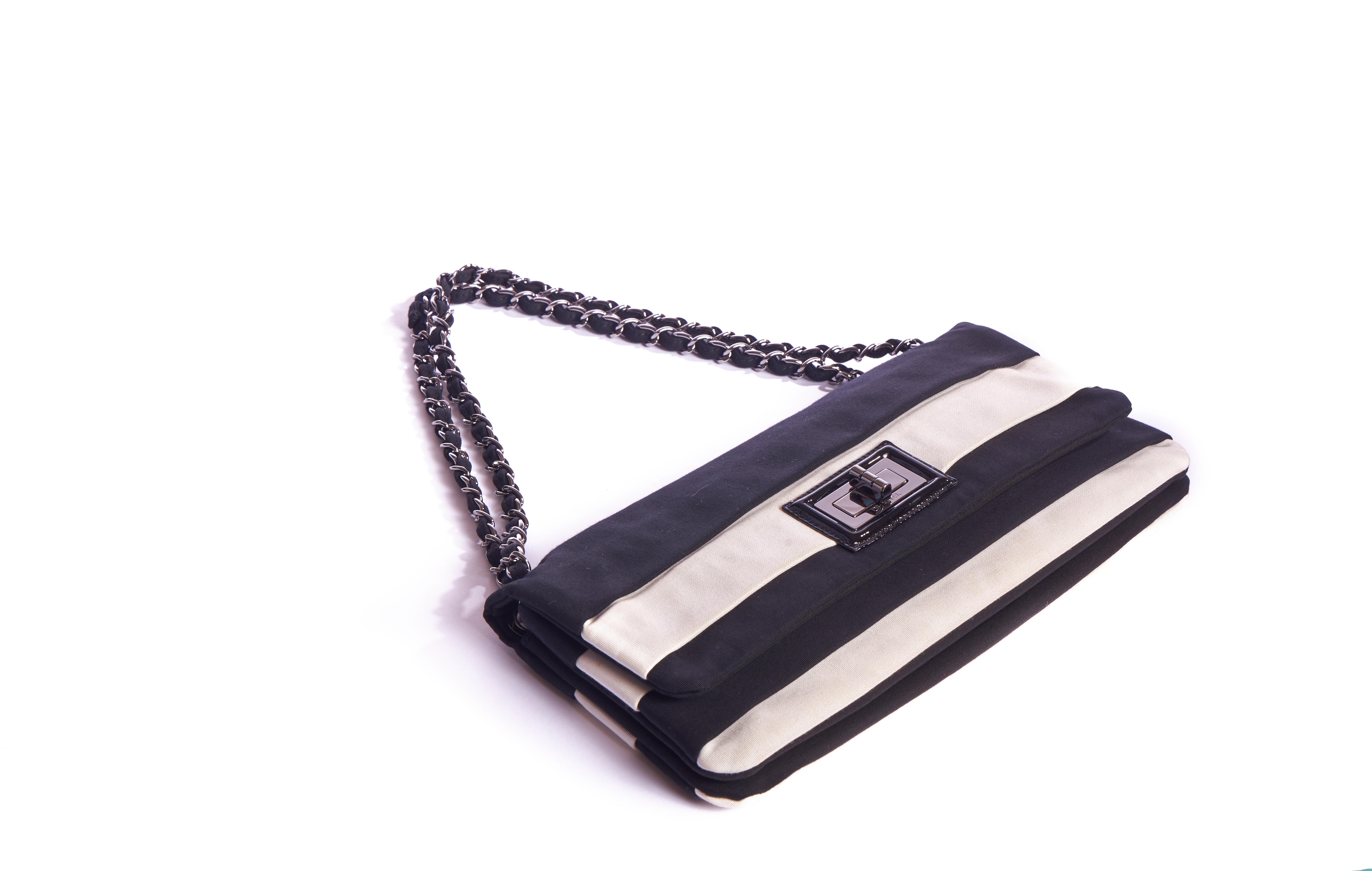 Women's Chanel Black & White Striped Single Flap