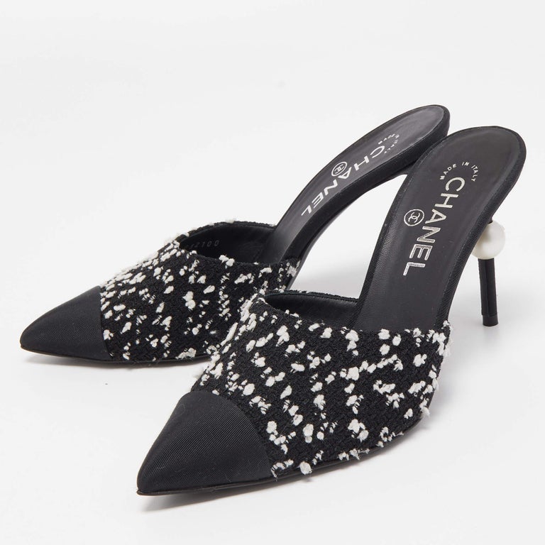 cc mule white tweed sequin black patent calfskin