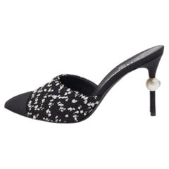 Chanel Black/White Tweed and Canvas CC Faux Pearl Heel Mules Size