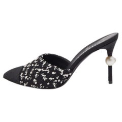 Chanel White/Black Leather CC Faux Pearl Embellished Heel Mules