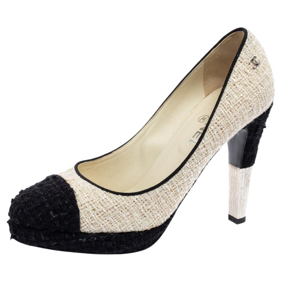 Chanel Black/White Tweed CC Cap-Toe Platform Pumps Size 39.5