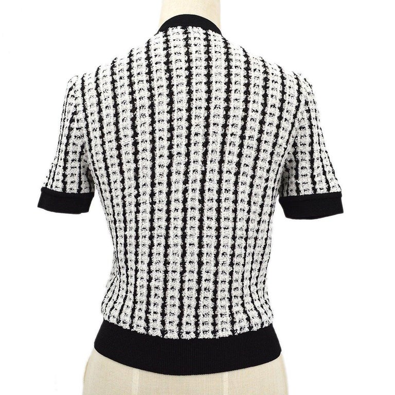 CHANEL Black White Tweed Gold Logo Button Up Short Sleeve Sweater Top - FR  38 For Sale at 1stDibs