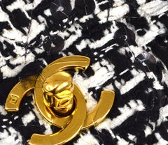 CHANEL Black White Tweed Gold Medium Kelly Top Handle Flap Bag