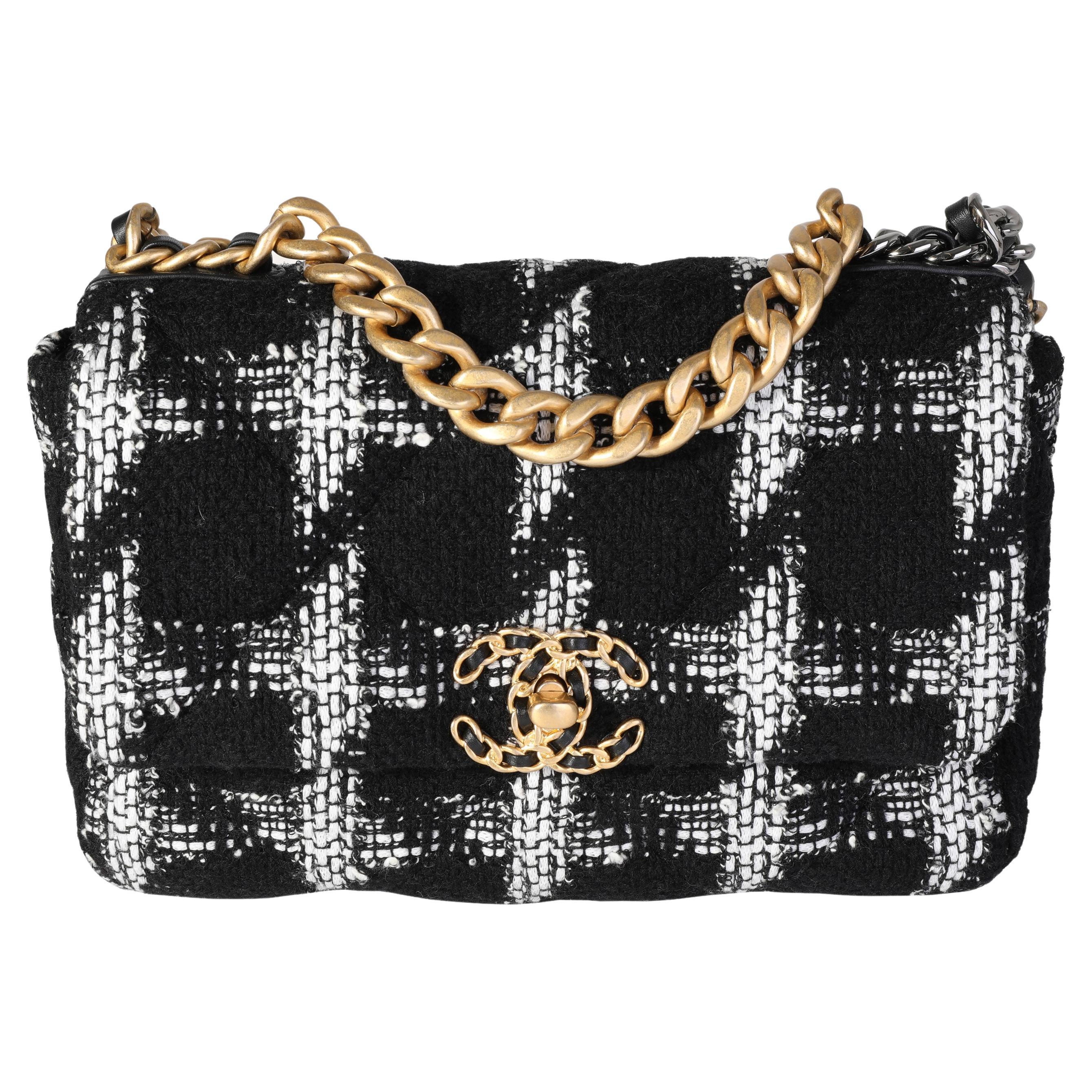 Chanel Black & White Tweed Quilted Medium Chanel 19 Flap