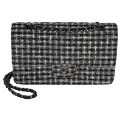 Chanel Black White Tweed Quilted Medium Classic Double Flap