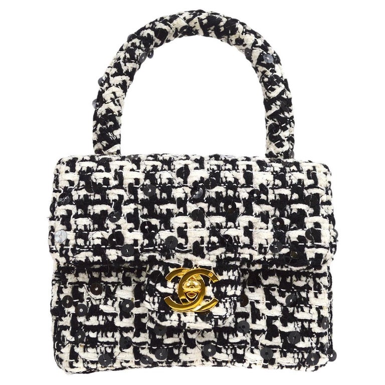 CHANEL Black White Tweed Sequin Micro Mini Small Evening Kelly Flap Bag For  Sale at 1stDibs