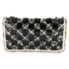 Chanel Black White Tweed Woven Patent Medium Flap Bag