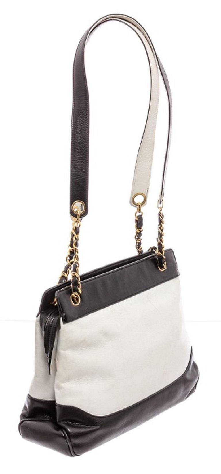 Chanel Black White Two-Tone Leather Vintage Timeless CC Charm Shoulder Bag 1