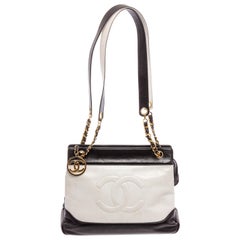 Chanel Black White Two-Tone Leather Vintage Timeless CC Charm Shoulder Bag