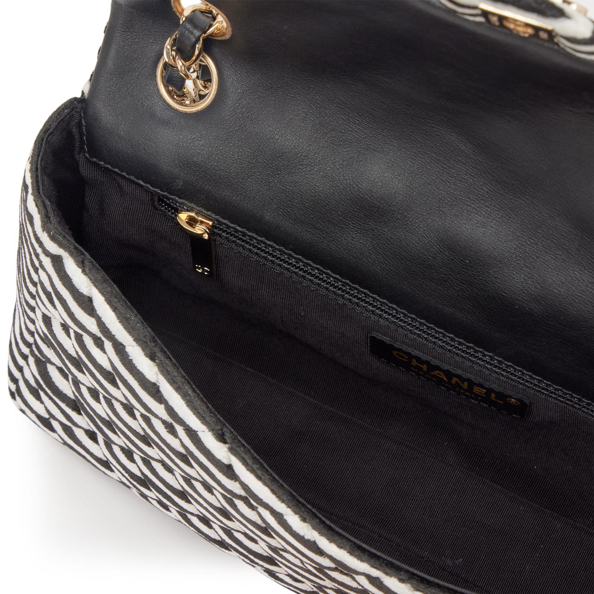 Chanel Black White Velour Velvet Striped Classic Flap Crossbody Bag For Sale 6