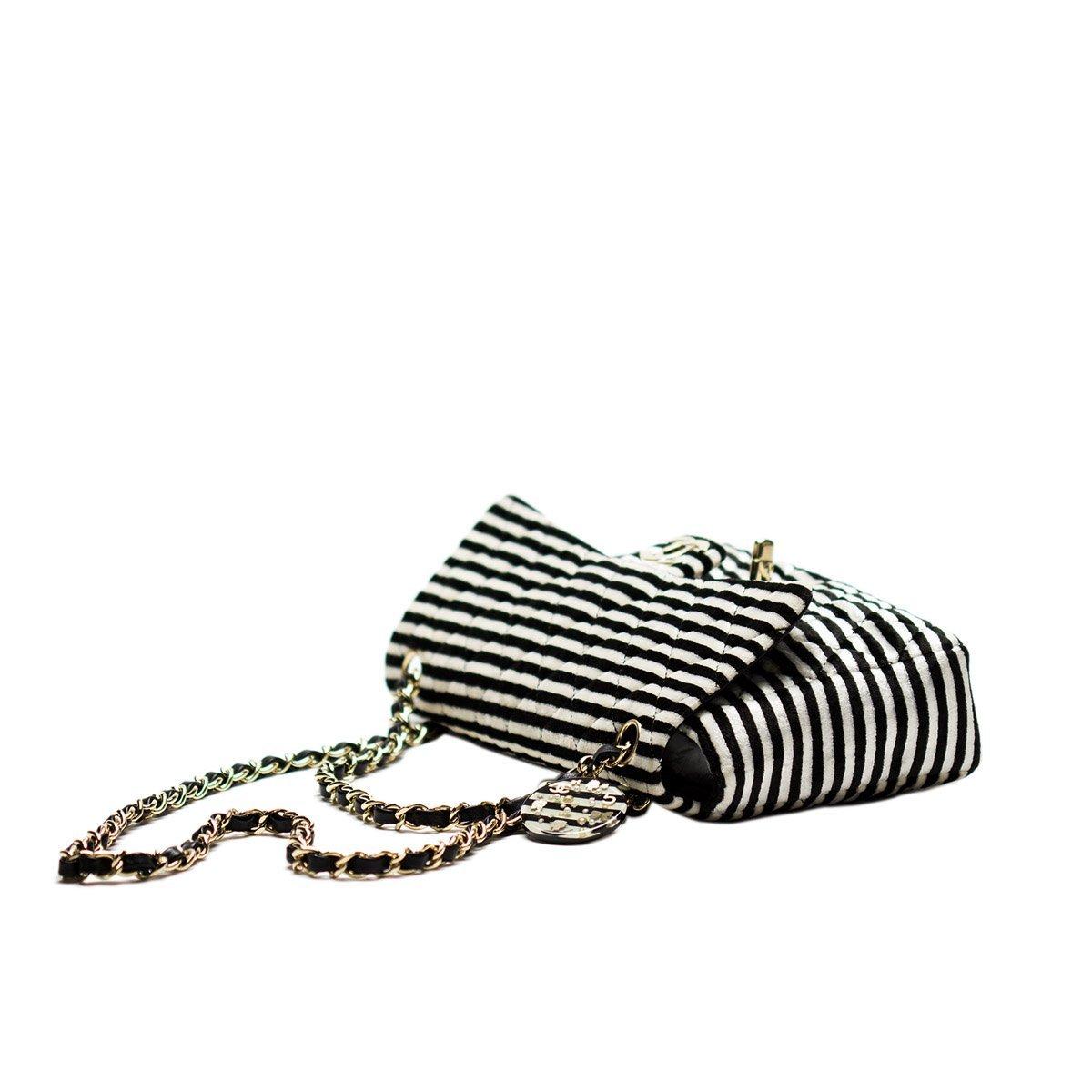 Chanel Black White Velour Velvet Striped Classic Flap Crossbody Bag In Good Condition For Sale In Miami, FL