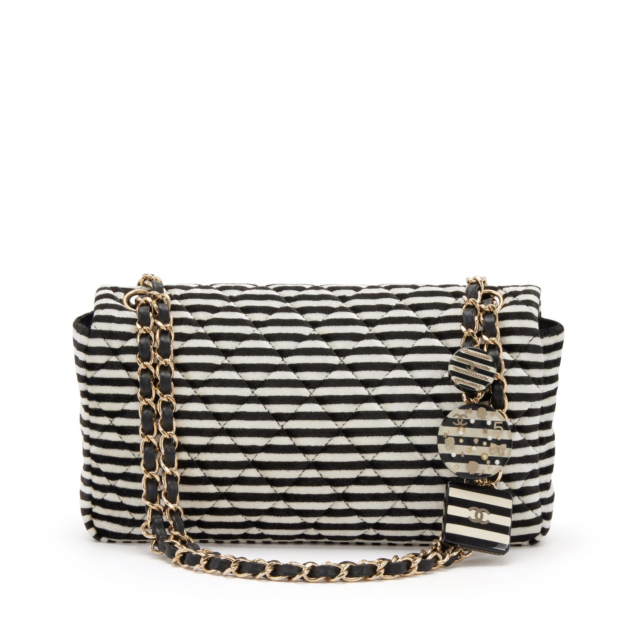 Women's Chanel Black White Velour Velvet Striped Classic Flap Crossbody Bag For Sale
