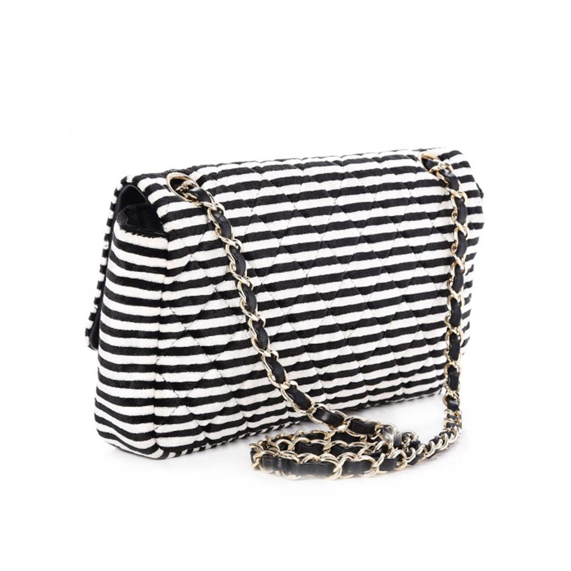 Chanel Black White Velour Velvet Striped Classic Flap Crossbody Bag For Sale 1