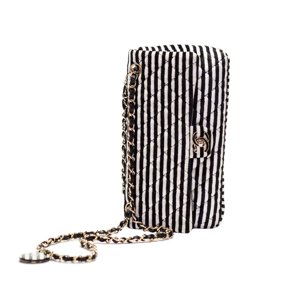 Chanel Black White Velour Velvet Striped Classic Flap Crossbody Bag For Sale 2
