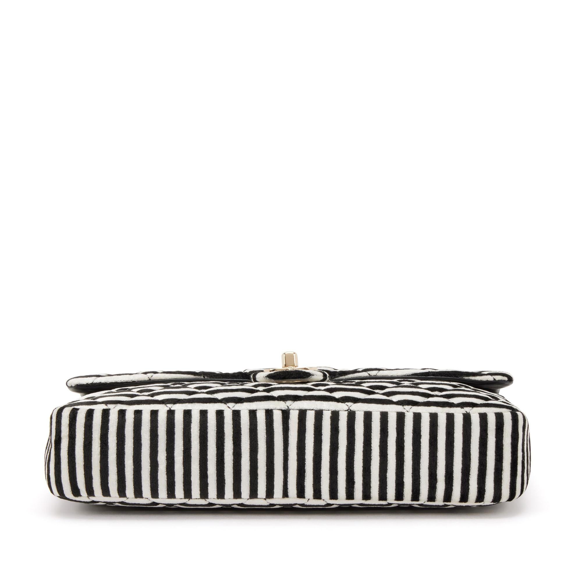 Chanel Black White Velour Velvet Striped Classic Flap Crossbody Bag For Sale 3