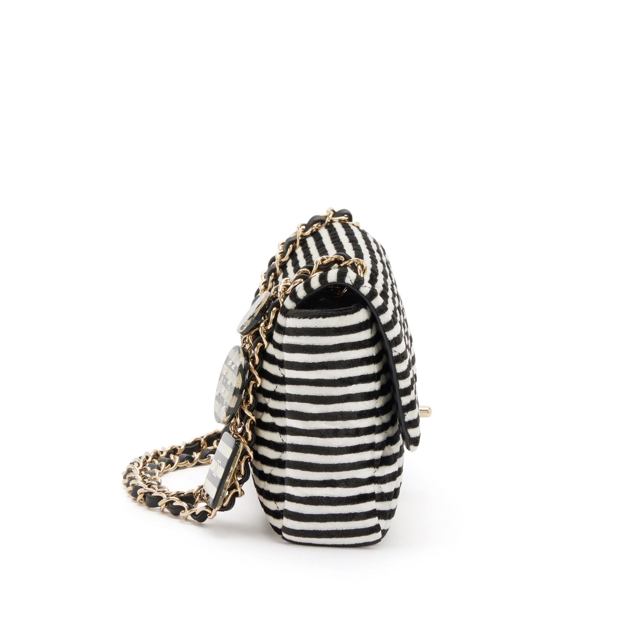 Chanel Black White Velour Velvet Striped Classic Flap Crossbody Bag For Sale 4